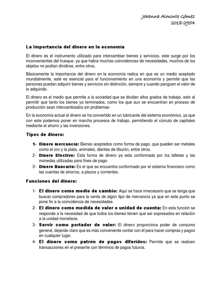 AlmonteJohannafunciones y Tipos de Dinero PDF Dinero Moneda