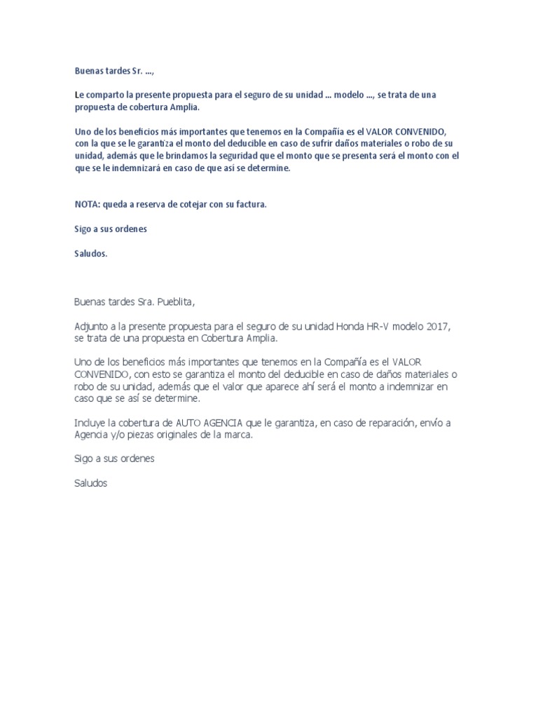 Propuesta de seguro de auto con cobertura amplia que incluye valor