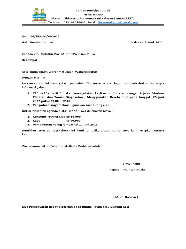 Pemberitahuan Outing Class | PDF
