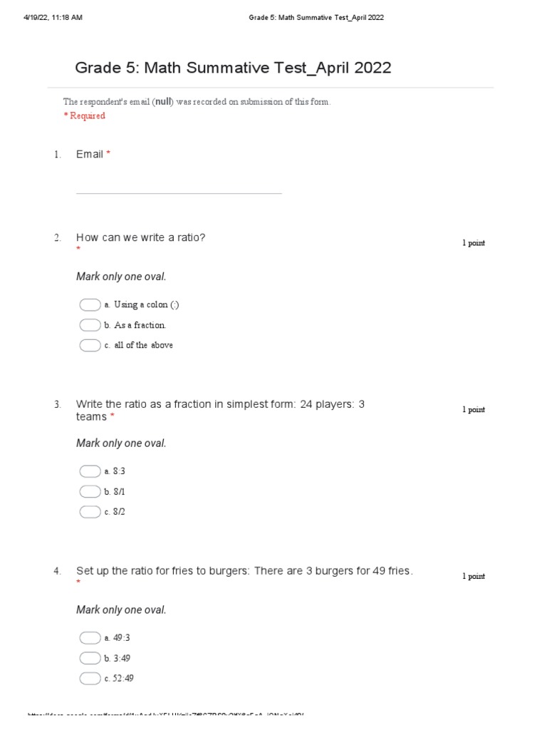 Grade 5 - Math Summative Test - April 2022 - Google Forms | PDF | Ratio ...