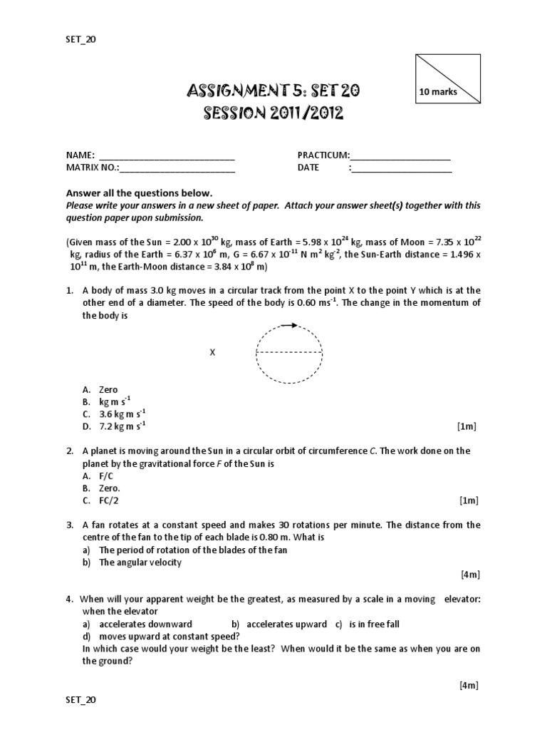 Physics Assignment Set 20 Questions | PDF
