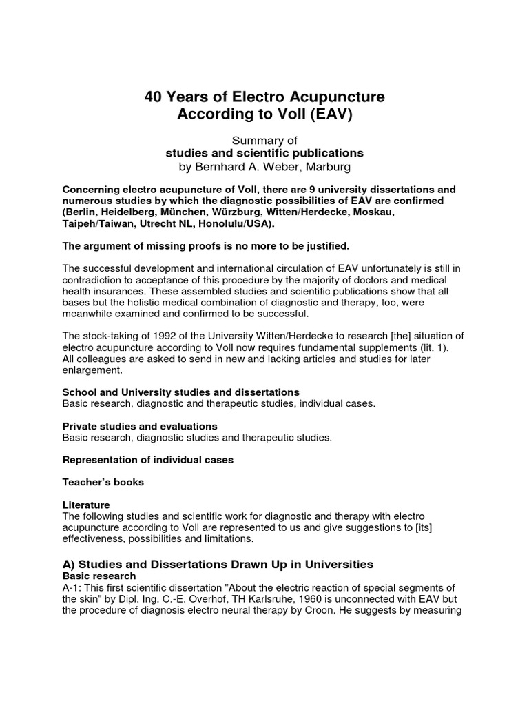 40 Years of Electro Acupuncture According To Voll (EAV) PDF Medical Diagnosis Acupuncture