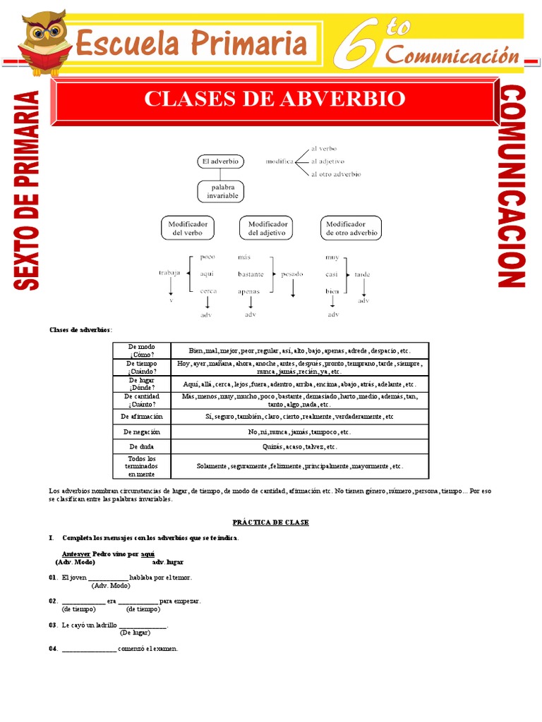 Clases de Adverbios para Sexto de Primaria | PDF | Adverbio | Tipología ...