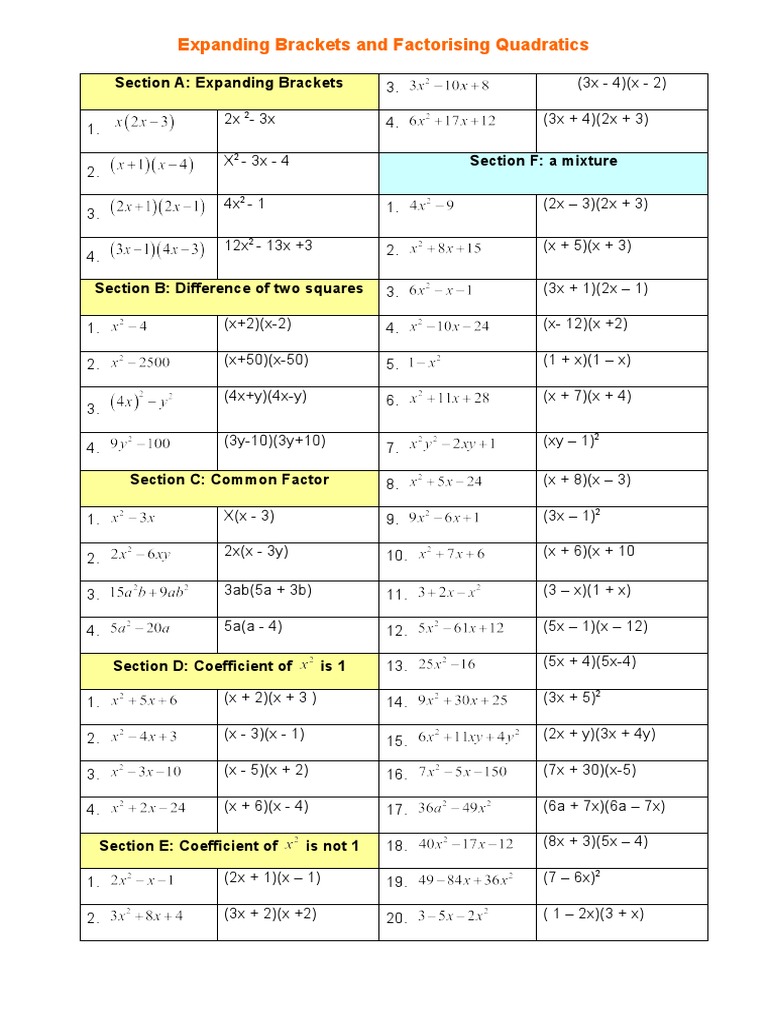 Factorising quadratics pdf