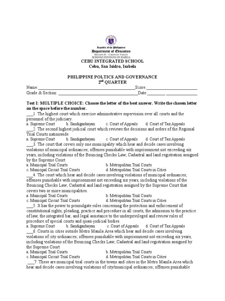 Philippine Politics and Governance Quiz | PDF | Citizenship | Elections