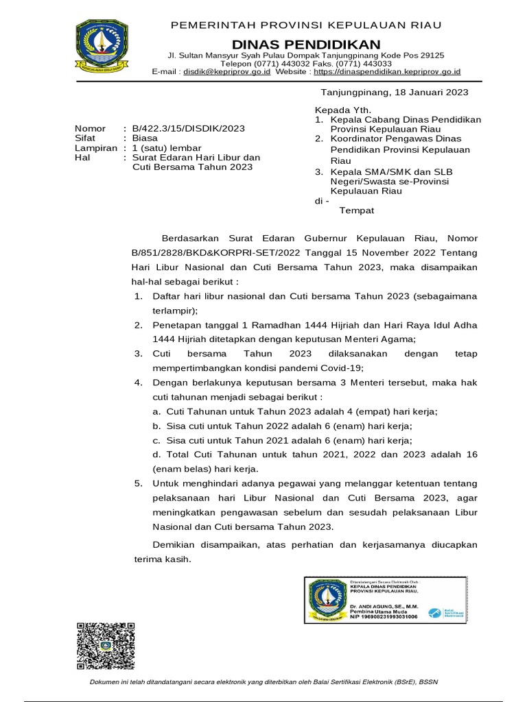 Jadwal Libur Dan Cuti 2023 Pdf