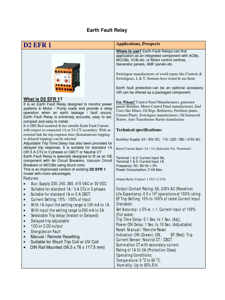 D2 EFR 1 Earth Fault Relay Overview | PDF | Relay | Electricity