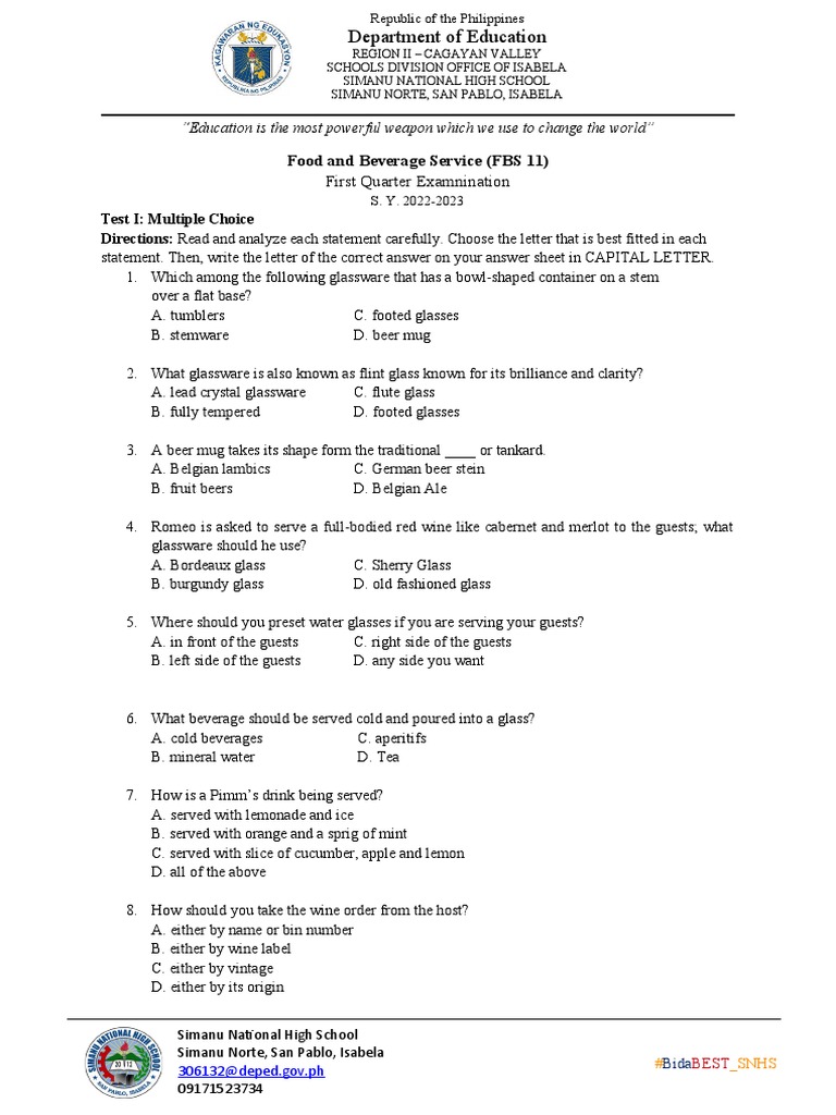 F&B Service Exam: Grade 11 Q1 | PDF | Restaurants | Waiting Staff