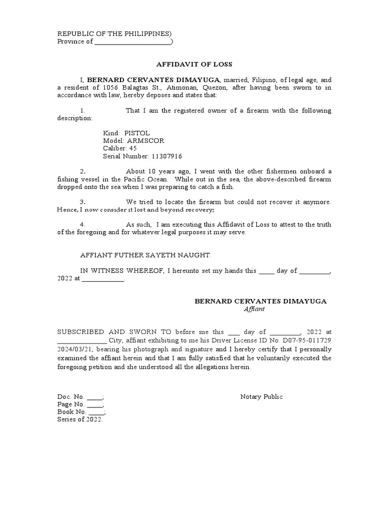 Affidavit of Loss for Firearm | PDF