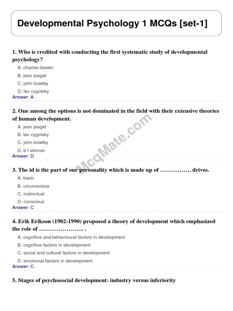 Developmental Psychology 1 Solved MCQs (Set1) PDF Developmental
