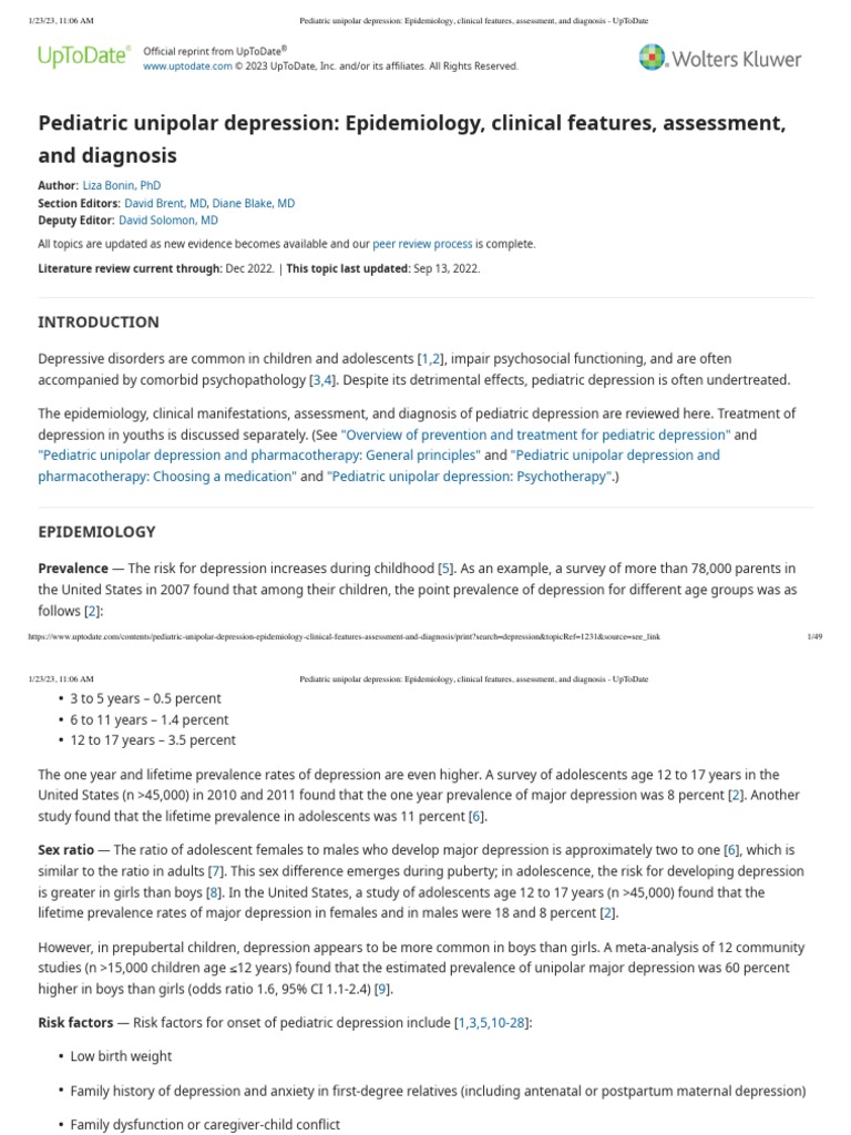 Pediatric Unipolar Depression Epidemiology, Clinical Features