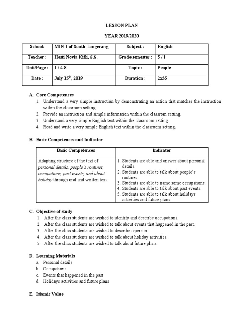 3rd Grade English Lesson Plan: People | PDF | Reading Comprehension ...