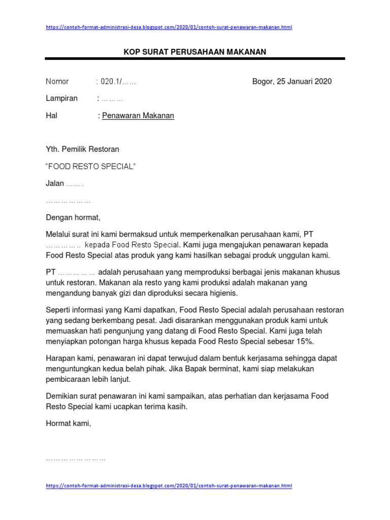 Surat Penawaran Makanan Ke Restoran | PDF