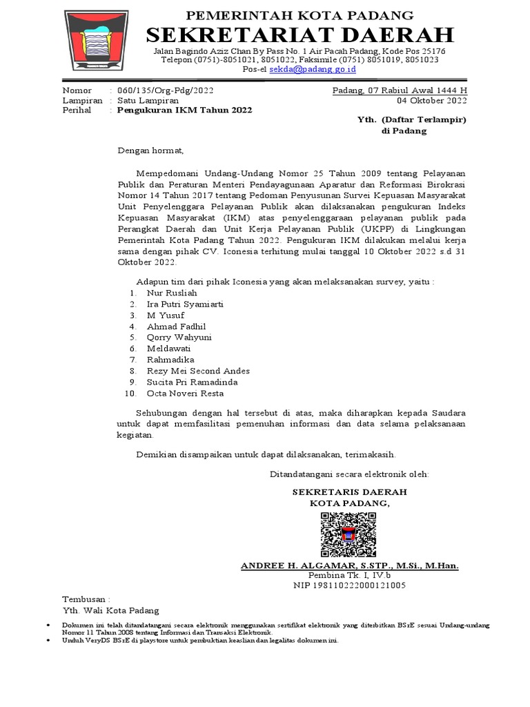 Pengukuran IKM Kota Padang 2022 | PDF