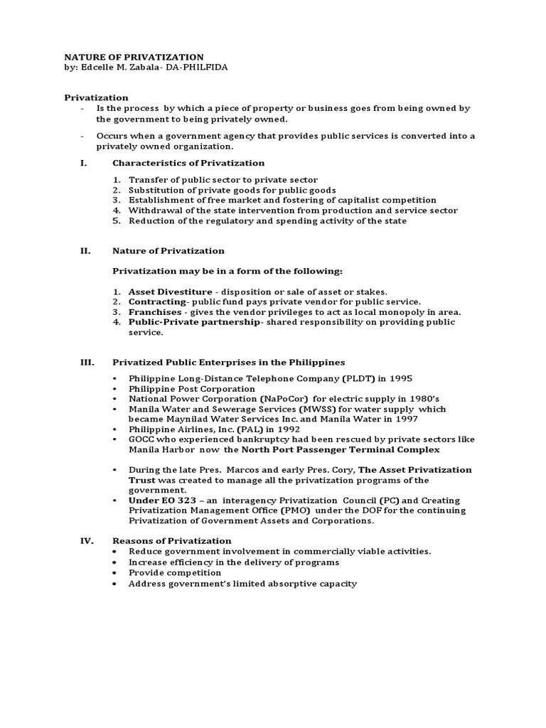 An Analysis of Privatization in the Philippines: Characteristics, Forms ...