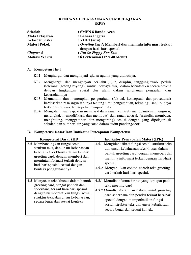 RPP Greeting Card 3.5 PT 6 Kelas VIII PDF