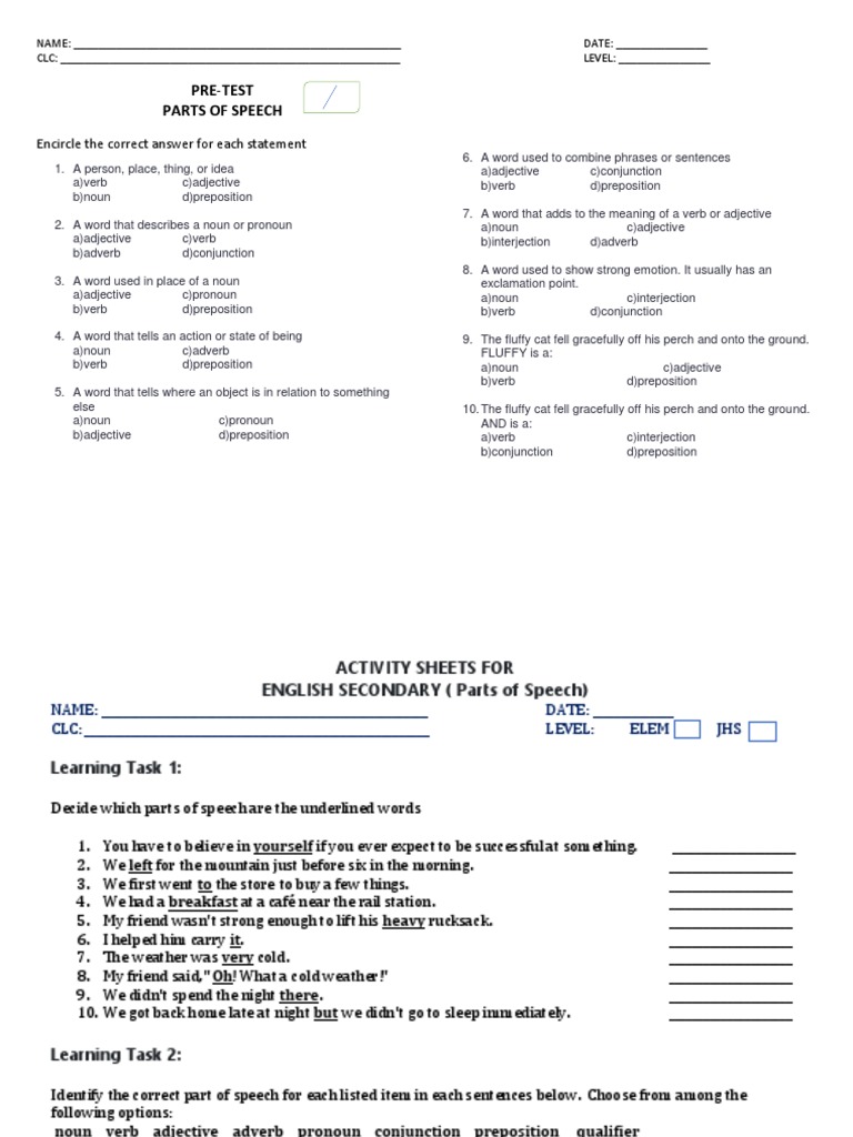 Parts of Speech Activity Worksheet | PDF | Part Of Speech | Verb