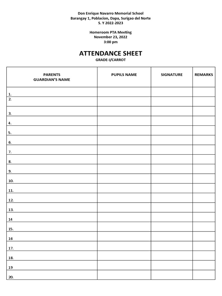 Grade I Carrot PTA Meeting Attendance | PDF