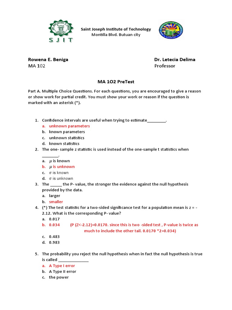 Beniga Ma 102 Pre-Test Exam | PDF | Standard Deviation | Statistics
