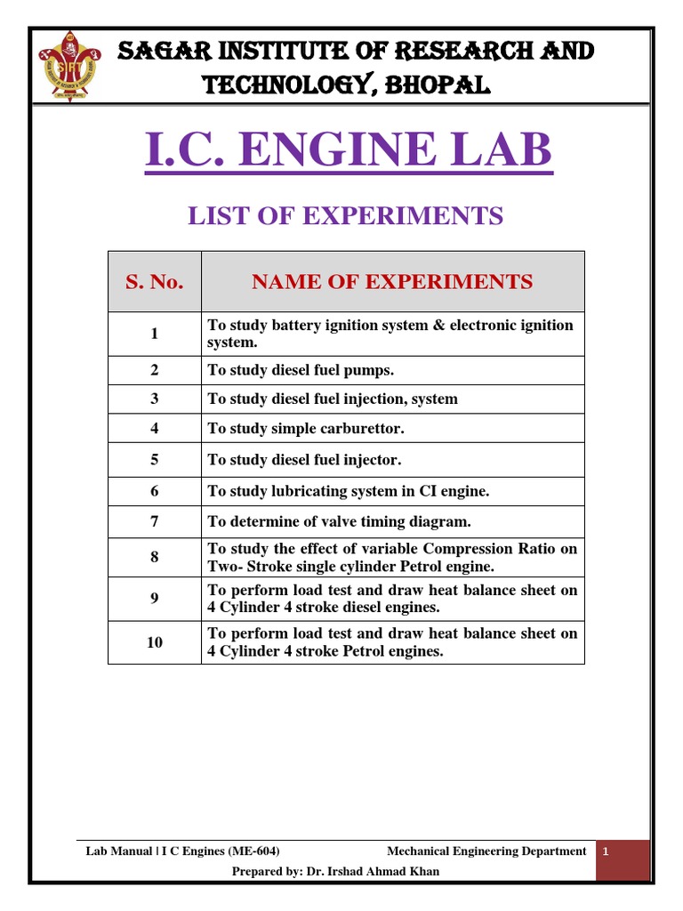 Lab Manual of IC Engine PDF Carburetor Ignition System