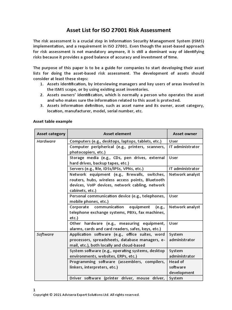 Asset list for 27001 risk assessment en pdf computer network software