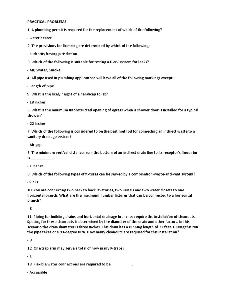 Plumbing Code Questions Practical Problems in Plumbing Installation