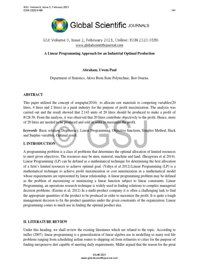 A Linear Programming Approach For An Industrial Optimal Production ...