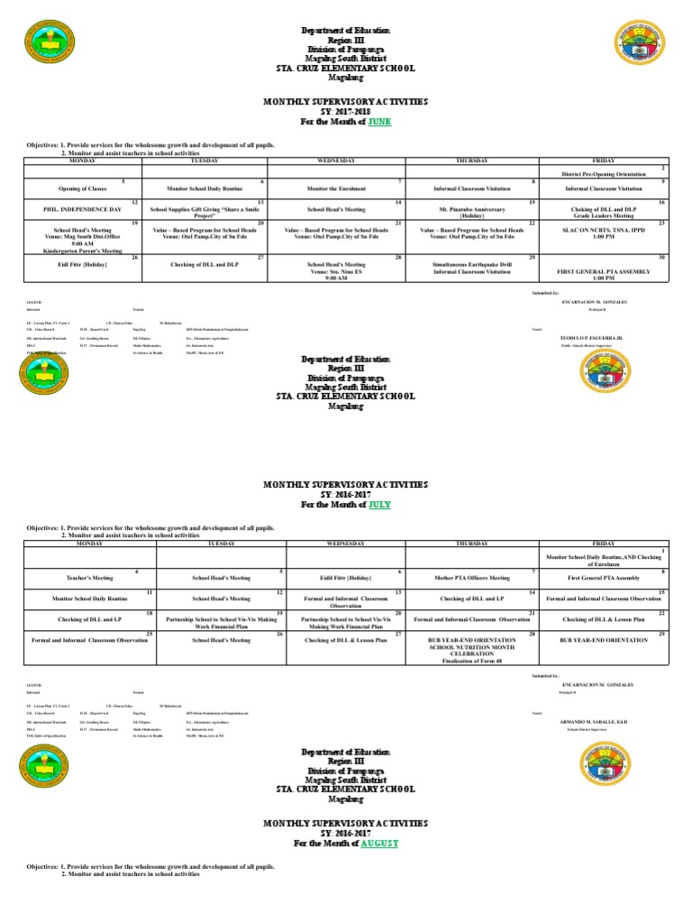 Monthly Supervisory Activities | PDF | Teachers | Learning