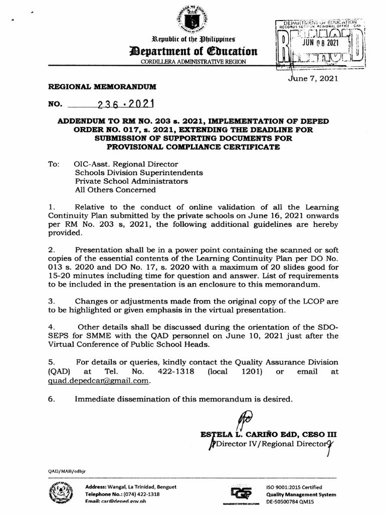 Rm no 236 s 2021 addendum to rm no 203 s 2021 implementation of