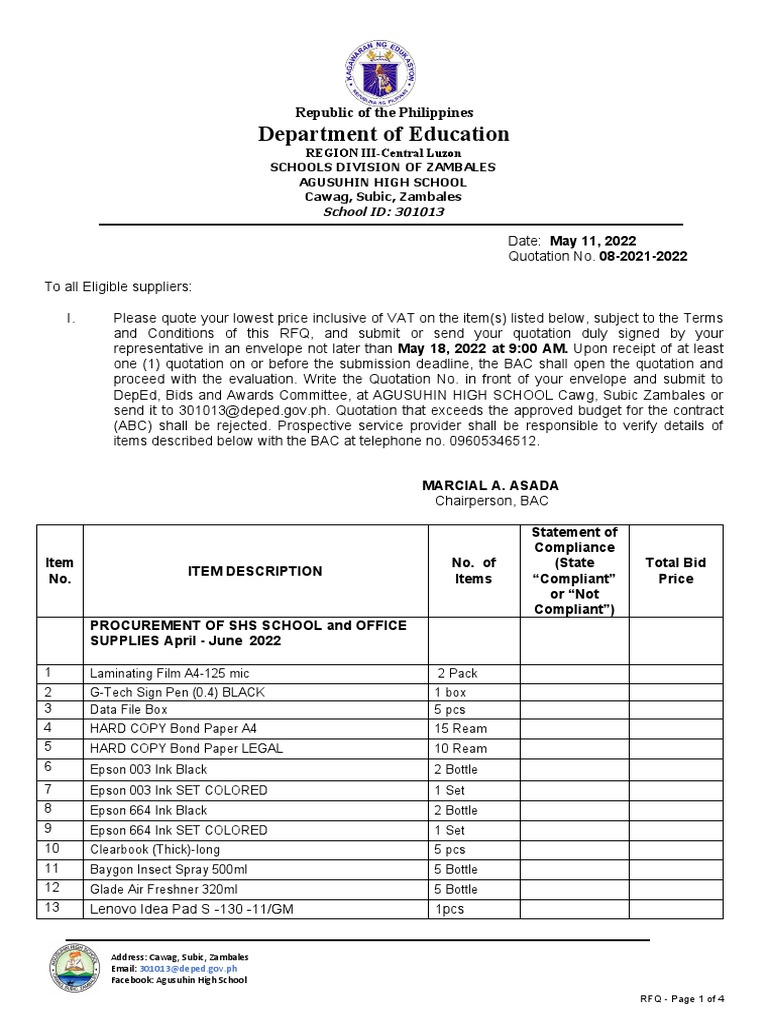 RFQ 9 OFFICE AND SCHOOL SUPPLIES AHS April June2022 PDF Business