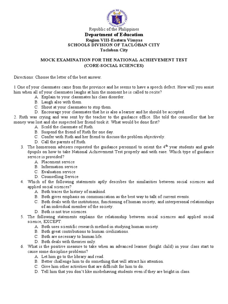 Mock Exam for National Achievement Test | PDF | Socialization | Behavior