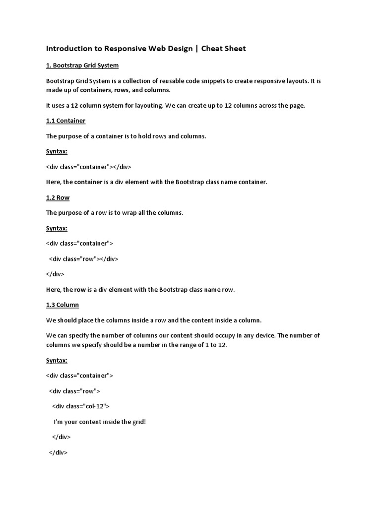 Bootstrap Responsive Design Cheat Sheet | PDF | Html Element | Html