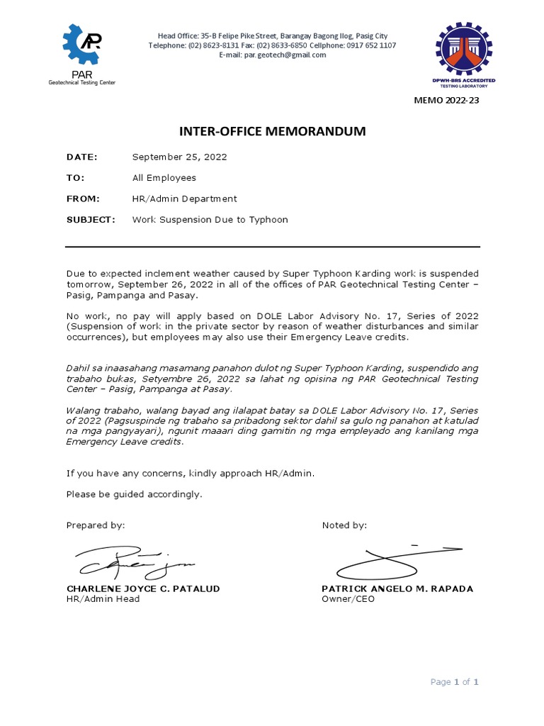 Memo 2022 23 Work Suspension Due To Typhoon PAR PDF