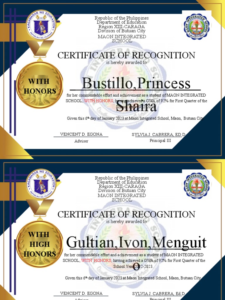 Certificate of GWA with Honors 2023 | PDF