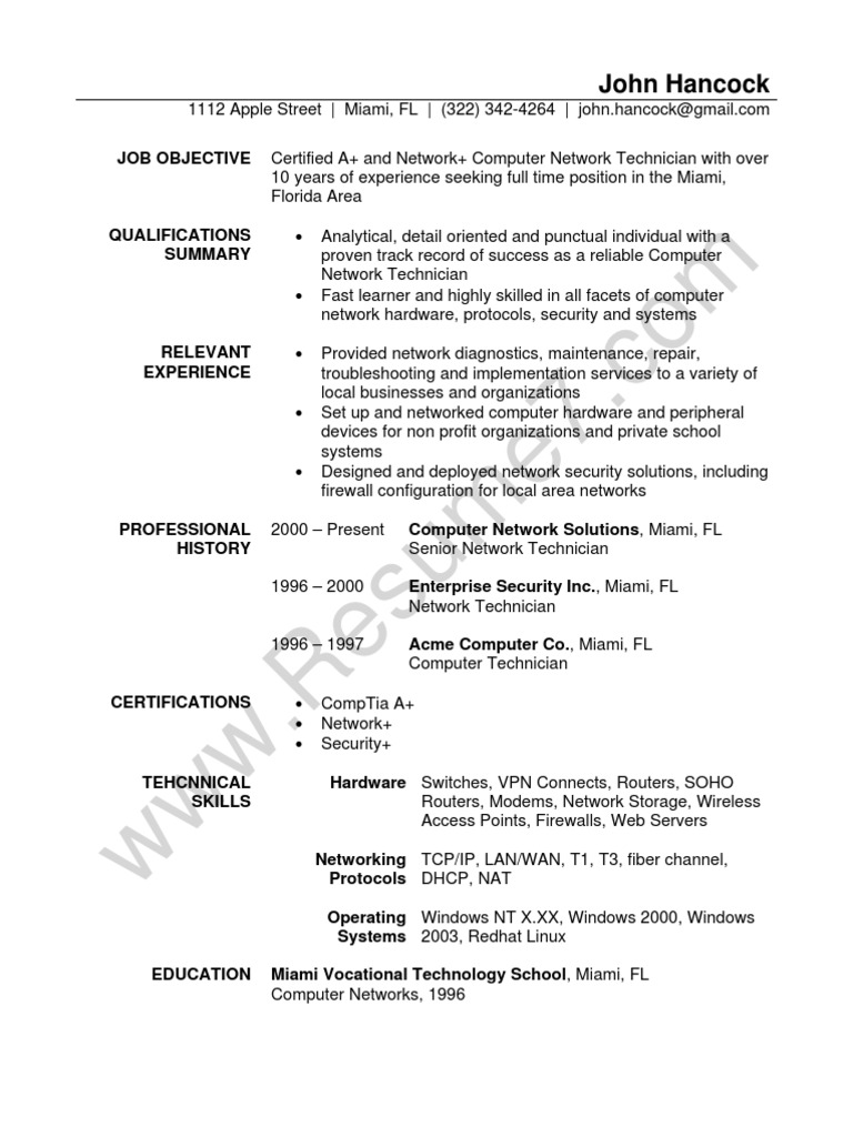 Resume for network technician