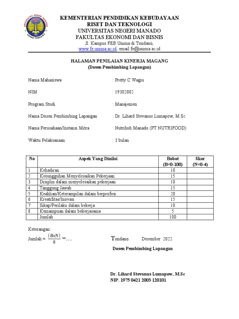 Format Lembar Penilaian Dosen Pretty | PDF