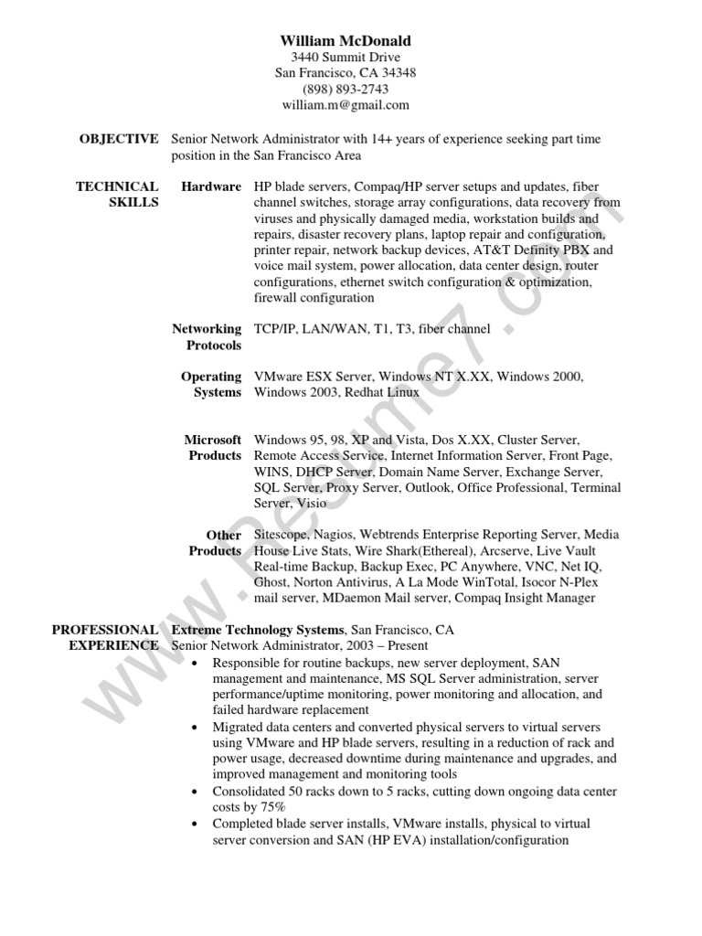 Senior Network Administrator Resume Sample Senior Network Administrator Resume Sample