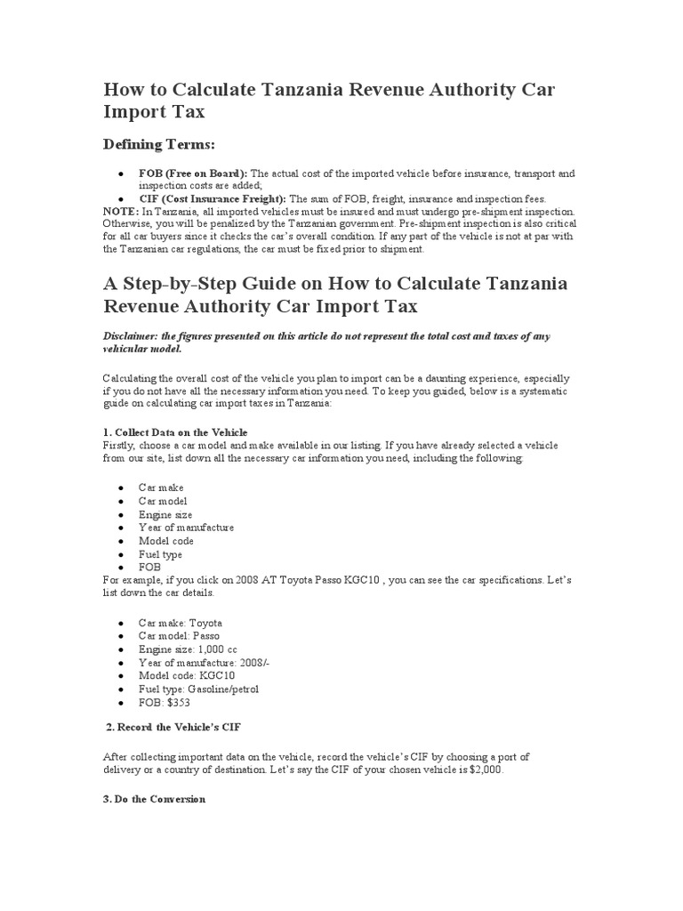How To Calculate Tanzania Revenue Authority Car Import Tax PDF