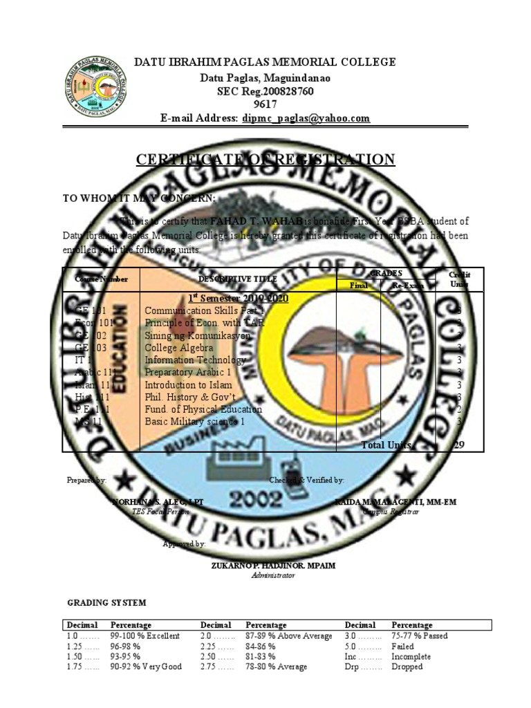 Course Registration Certificates for Three Students at Datu Ibrahim ...