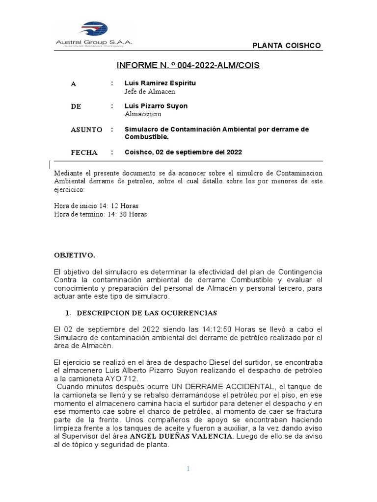 Informe de Simulacro de Derrame de Combustible | PDF | Ciencia y ...