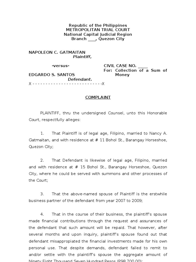 For Collection of Sum of Money  Lawsuit  Pleading