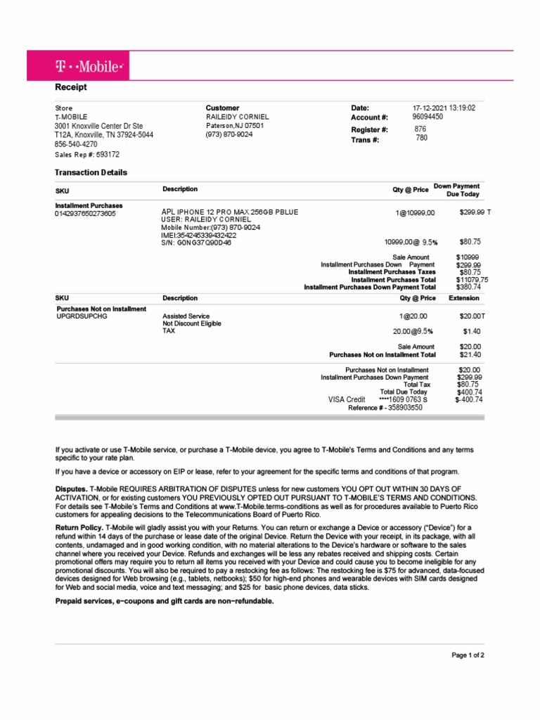 T Mobile 2025 PDF Receipt Service Industries