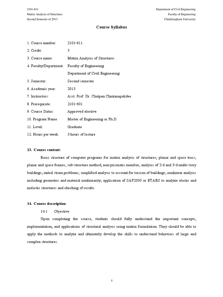 Matrix Analysis of Structures Syllabus | PDF | Structural Analysis ...