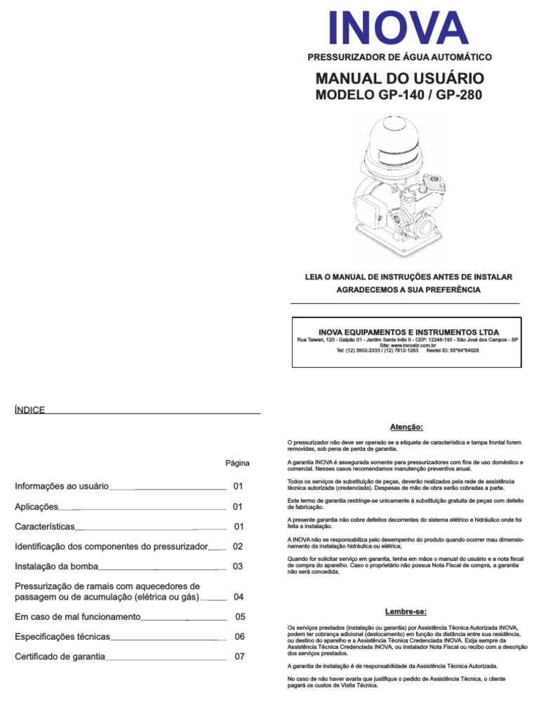 Manual do Usuário: Pressurizador Inova GP-140/280 | PDF | Bomba | Motores