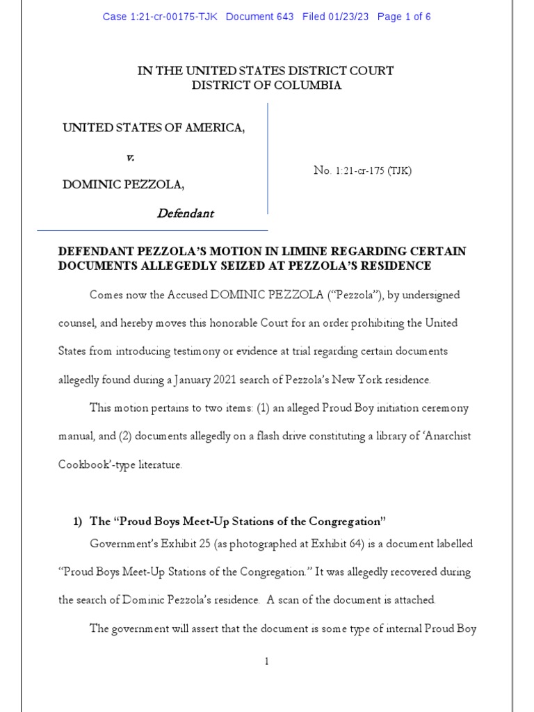 Pezzola Motion in Limine PDF Relevance (Law) Justice