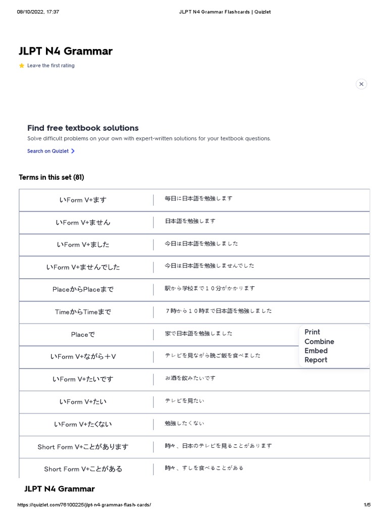 JLPT N4 Grammar Flashcards Quizlet PDF