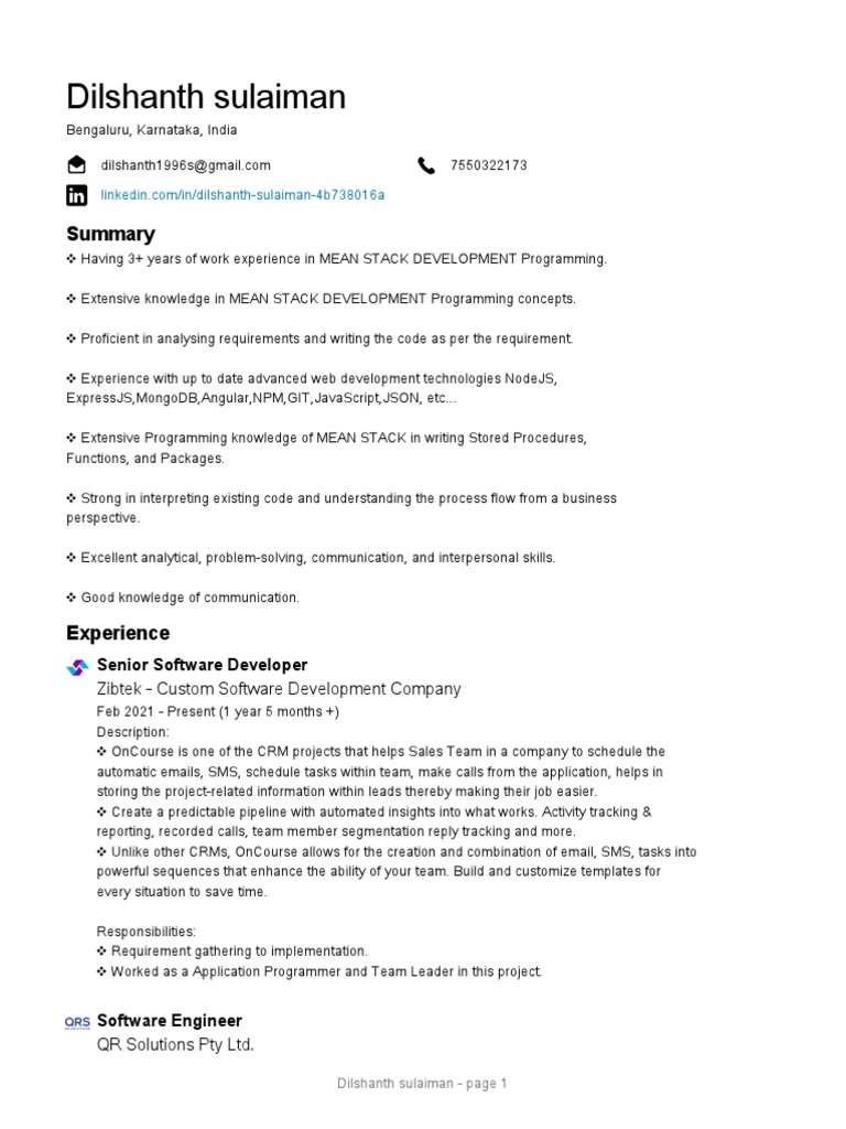 MEAN Stack Developer Profile Summary | PDF | Business