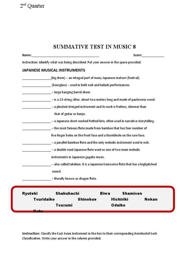 Summative Test Music 8 2nd Quarter Pdf Flute Musical Instruments