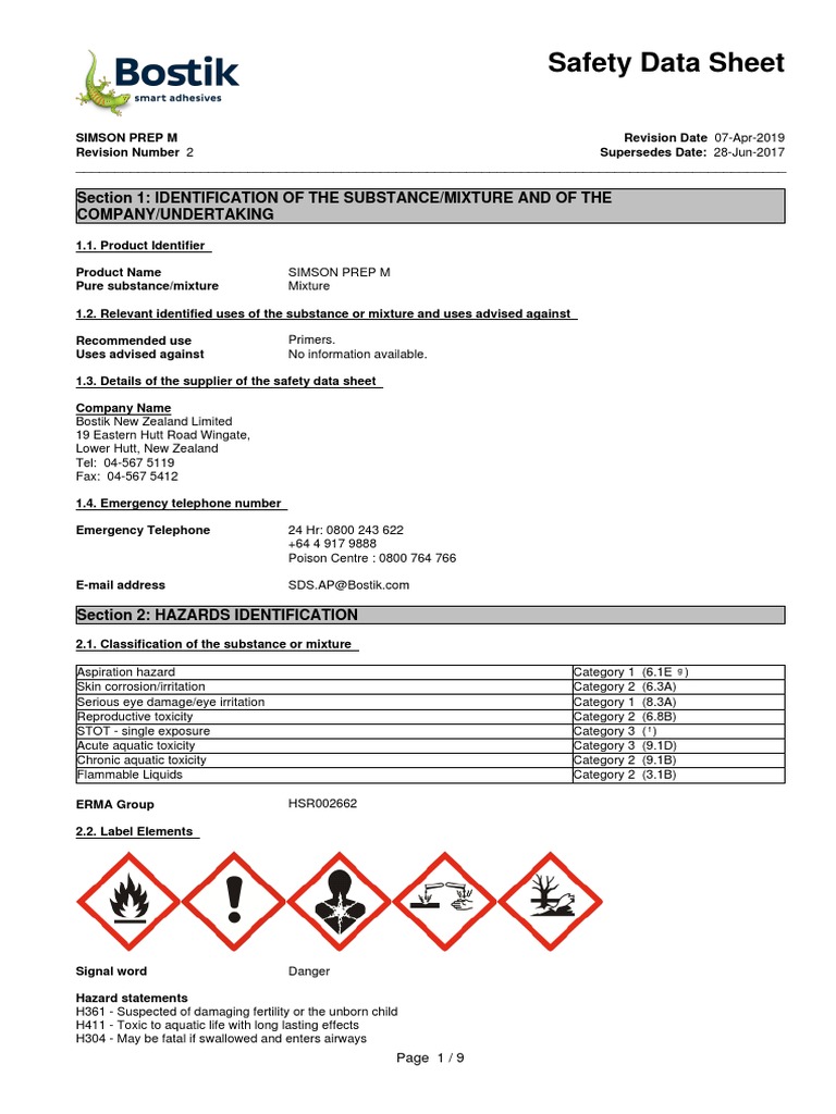 Bostik Simson Prep M Sds v2 PDF Toxicity Personal Protective