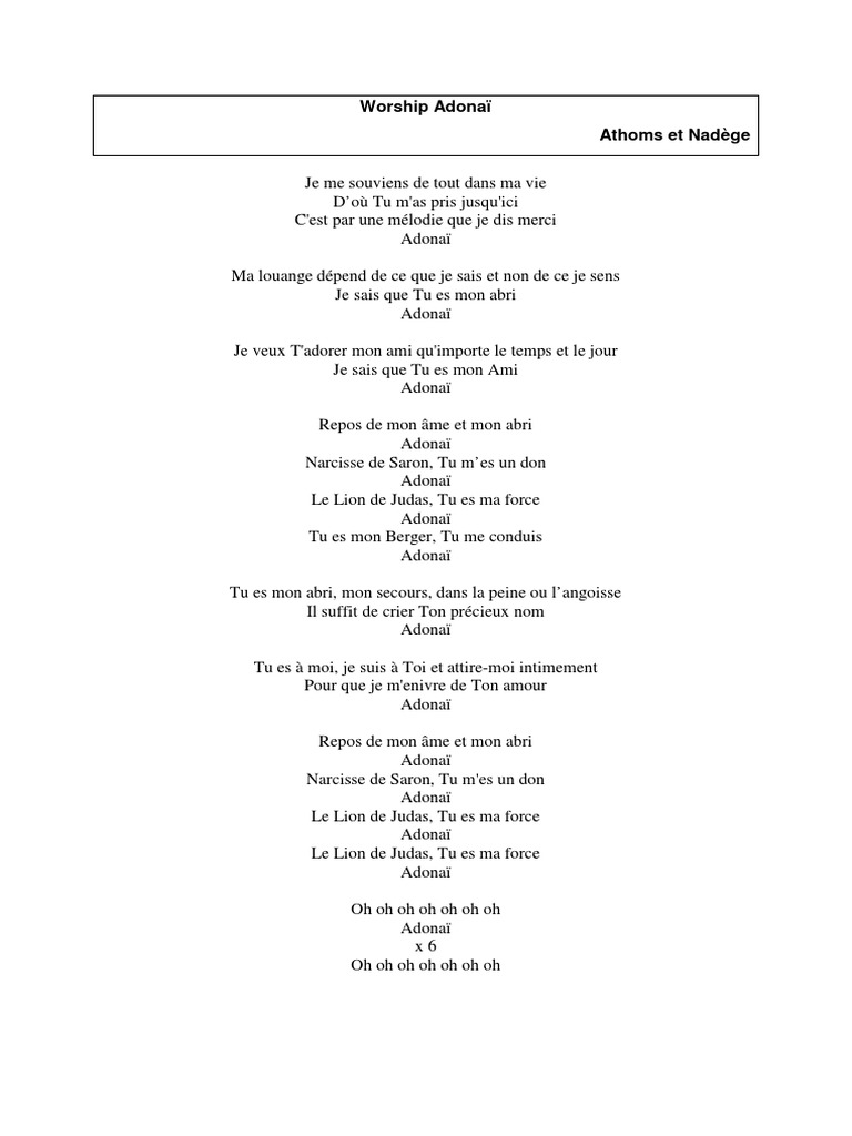 Worship Adonaï Lyrics by Athoms & Nadège | PDF